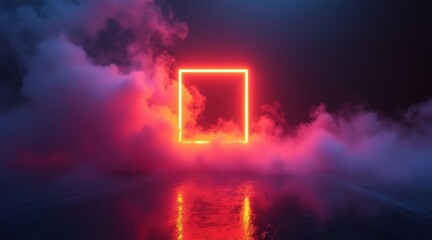 Poster - A glowing neon square floats amid thick pink and purple smoke over a reflective surface, creating a futuristic and surreal atmosphere.