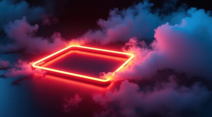 Poster - A glowing red neon square floats amidst dark clouds under a moody sky, creating a surreal and futuristic atmosphere.