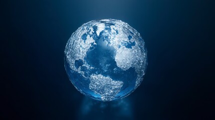 Poster - Crystalline globe depicting Earth's continents and oceans, reflecting on a dark blue background.