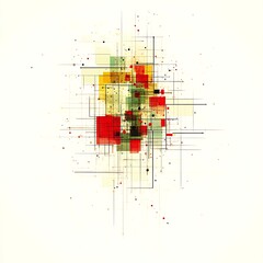 Poster - Abstract artwork featuring red, green, yellow squares and lines on white background