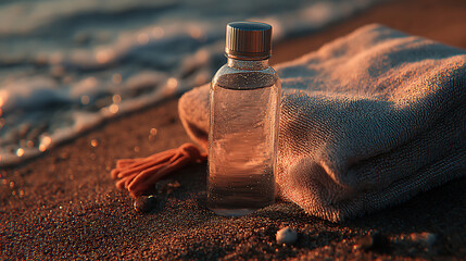 Wall Mural - Perfume Bottle on Sandy Beach at Sunset Warm Golden Light, Ocean Waves