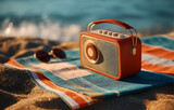 Retro Radio on Sandy Beach at Sunset