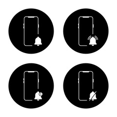 Fototapete - Notification bell on smartphone icon set on black circle. Alarm reminder with phone sign symbol