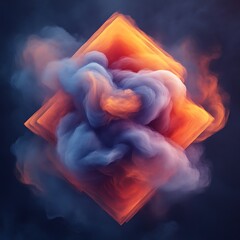 Poster - Abstract digital art with a vibrant, swirling cloud of smoke/fog encasing a luminous, rhombus-shaped object