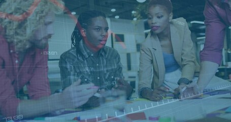 Poster - Braided-hair coworker reviewing chart initiating talk nodding data overlays showing business trends