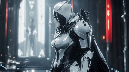 Poster - Futuristic female warrior in sleek white armor stands in a grand, dark futuristic city.