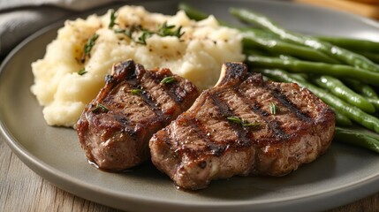 Poster - Grilled lamb chops served with creamy mashed potatoes and green beans on a gray plate.