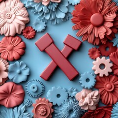 Poster - Abstract floral and mechanical design.  A red crossed hammer and sickle design within a backdrop of stylized flowers and gears