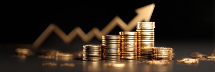 Poster - Financial Growth Concept Featuring Gold Coins and Upward Arrow Representing Investment Success and Wealth Accumulation in a Dark Setting