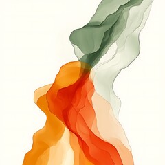 Poster - Abstract flowing colors.  Fluid, dynamic shapes in orange, orange-yellow, and muted green, layered on white background