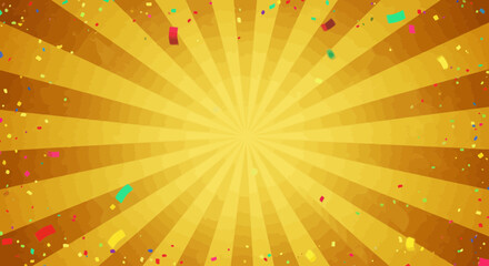 Poster - Festive golden sunburst background with colorful confetti for celebration and holiday themes