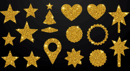 Poster - Elegant golden glitter shapes vector set on black background for festive designs