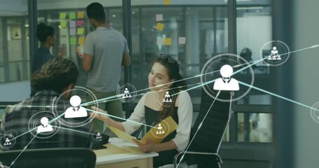 Poster - Business professionals reviewing folder as user icon floating into view visualizing network growth