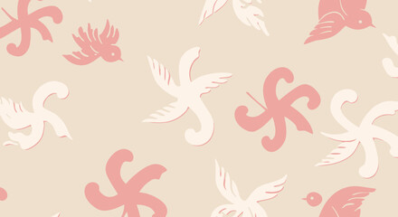 Poster - Whimsical pastel avian elegance pattern design with playful birds and ornate floral shapes