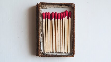 Poster - A worn matchbox containing neatly arranged matches with red tips on a white background.