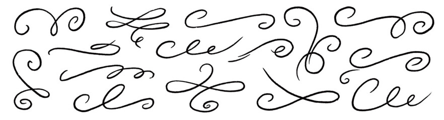 Poster - Line ornament flourish calligraphy swirl set. Hand drawn pencil and chalk flourish, curve, tail and brush swoosh for wedding design. Elegant doodle divider, font stroke. Vector illustration