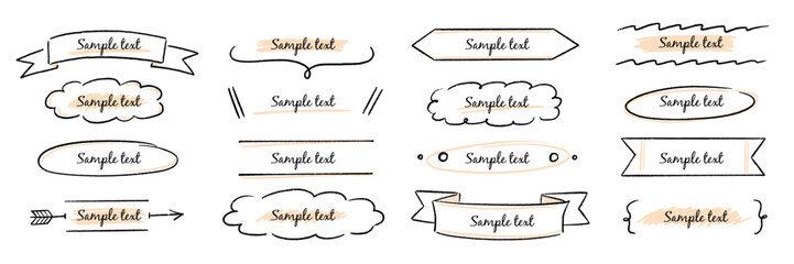 Fototapete - Text box hand drawn banner, frame set. Hand style brush stroke, rustic banner, cute tag, label, ornament and highlight. Graphic text shape, headline badge decoration elements. Vector illustration