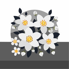 Poster - A beautiful vector illustration of a floral arrangement featuring white flowers with yellow centers, dark leaves, and a gray background.