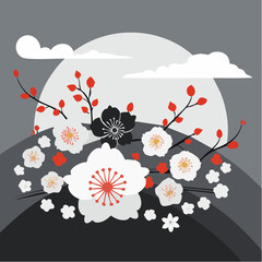 Poster - A beautiful vector illustration of a floral design with white and black flowers, red berries, and a gray background with clouds and a large circle.