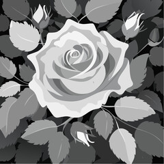 Poster - A grayscale vector illustration of a beautiful rose with leaves and buds, showcasing a classic floral design on a dark background