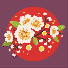Poster - A vibrant vector illustration showcases a blossoming cherry blossom branch with white flowers, green leaves, and a red circular backdrop on a purple background.