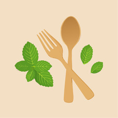 Poster - An illustration of wooden cutlery comprising a fork and spoon, alongside sprigs of mint leaves, arranged on a neutral background.