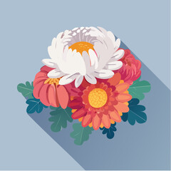 Poster - Colorful illustration of a stylized floral bouquet with white, red, and orange flowers, leaves, and a long shadow on a blue background