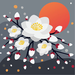 Poster - Vector illustration of blooming white flowers with yellow centers and red-tipped buds on dark branches against a gray background with an orange sun