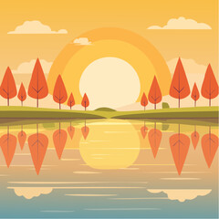 Poster - A serene autumn sunset vector illustration featuring stylized trees, a tranquil lake reflecting the sun, and an orange sky.