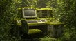 © luzaein - Surreal scene of an office setup lost in the wilderness, vintage monitor and keyboard overtaken by wild plants, blending digital life with nature in a peaceful.