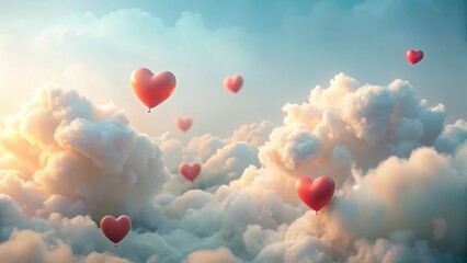 Wall Mural - Heart-shaped balloons drift serenely amidst a breathtaking expanse of fluffy clouds, bathed in the warm glow of a sunrise or sunset.