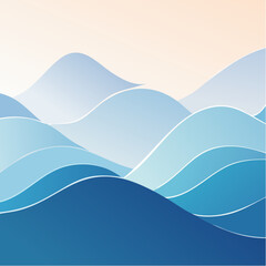 Poster - Abstract illustration of layered stylized waves in shades of blue with white outlines, creating a serene and tranquil seascape design