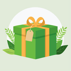 Poster - An illustrated gift box with a bow and a tag, surrounded by leaves, set against a soft green backdrop, presenting a visually appealing design.