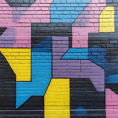 Poster - Abstract geometric mural on brick wall in pink, blue, yellow, purple and black