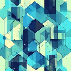 Poster - Abstract geometric pattern, featuring overlapping translucent cubes and hexagons in teal and light blue tones.  Detailed intricate design with light, airy feel