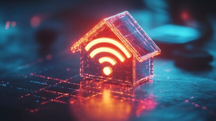 Leinwandbilder - Glowing glass house smart home wifi symbol on digital surface.