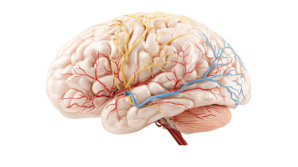 Poster - realistic 3d rendering of a human brain showing arteries, veins and nerves, isolated on transparent 