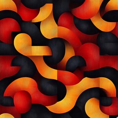 Poster - Abstract geometric pattern with dynamic shapes and vibrant colors.  Intricate interplay of curves and blocks in red, yellow, and black.  Textural effect enhances visual depth