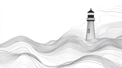 Poster - Line art illustration of a lighthouse standing on wavy ocean.