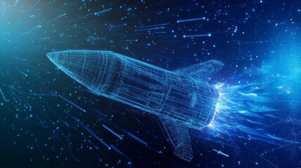 Poster - Wireframe rocket launching into space, surrounded by glowing particles.
