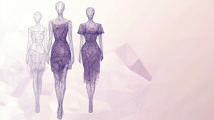 Aufkleber - Three elegant female fashion design sketches in purple tones on geometric background.