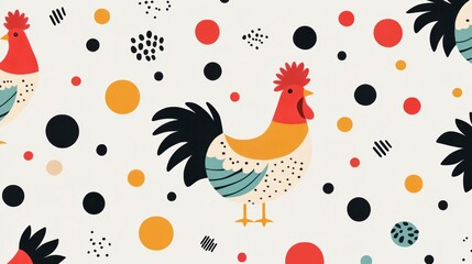 Poster - Colorful rooster pattern with circles and dots background.