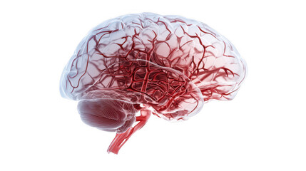 Poster - Medical illustration featuring a semi transparent human brain, highlighting the intricate network of blood vessels and the circulatory system against a transparent background