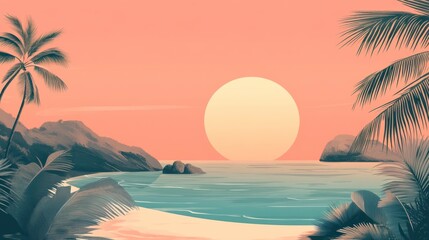 Poster - Serene sunset over tropical beach with palm trees and calm ocean.