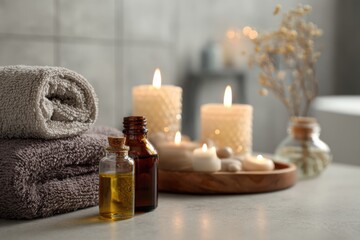 Poster - Relaxing Warm Bath Setup With Candles and Soothing Oils for a Tranquil Spa Experience at Home in the Evening