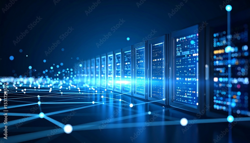 Data center server rack displays with glowing network connections on a ...