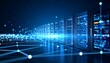 © lilikM - Data center server rack displays with glowing network connections on a dark blue background.