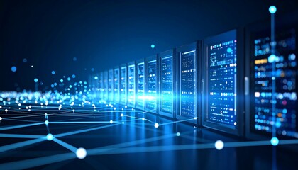 Data center server rack displays with glowing network connections on a dark blue background.