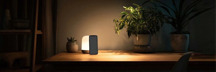 Poster - Peaceful Nightlight Illuminates Desk Beside Muted Phone and Plants During Calm Evening Hours in Cozy Workspace