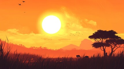 Poster - Vibrant sunset over African savanna with silhouetted animals, trees, and mountains.